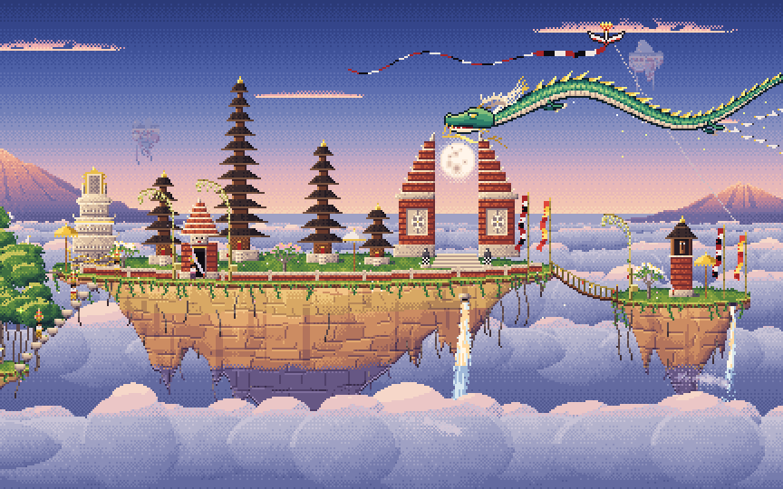 Senja di Kahyangan in pixel art: temple islands floating above the clouds at dusk, with a dragon kite overhead.